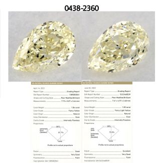 1.0 Carat Pear Light Yellow IF - EX VG GIA Natural Diamond