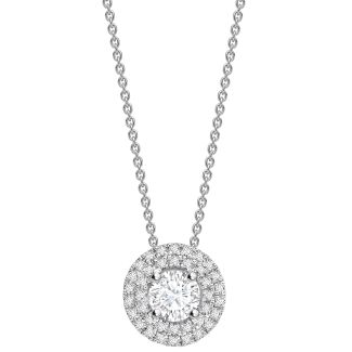 DiamondZee 4 claw round diamond double Halo stud Pendant 18ct White Gold - 16 inch chain