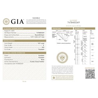 0.51 Carat Round E VS2 EX GIA Natural Diamond