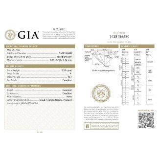 0.51 Carat Round F VS1 EX GIA Natural Diamond