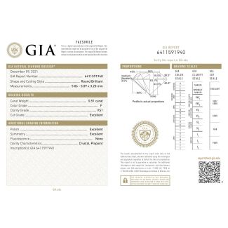 0.51 Carat Round F VS1 EX GIA Natural Diamond