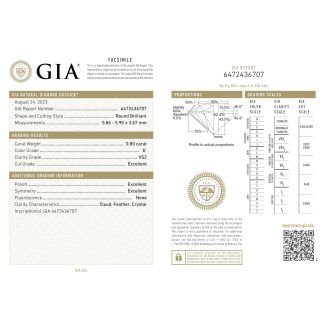 0.8 Carat Round D VS2 EX GIA Natural Diamond