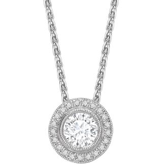 DiamondZee 4 claw round diamond grain set Halo stud Pendant 18ct White Gold - 16 inch chain